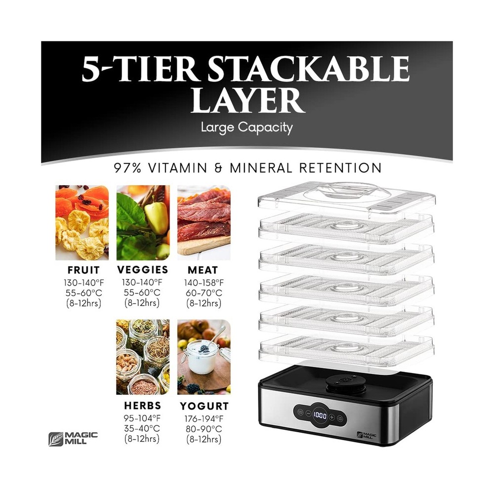Magic Mill Food Dehydrator Machine | 5 Stackable Stainless Steel Tr... Fast Ship