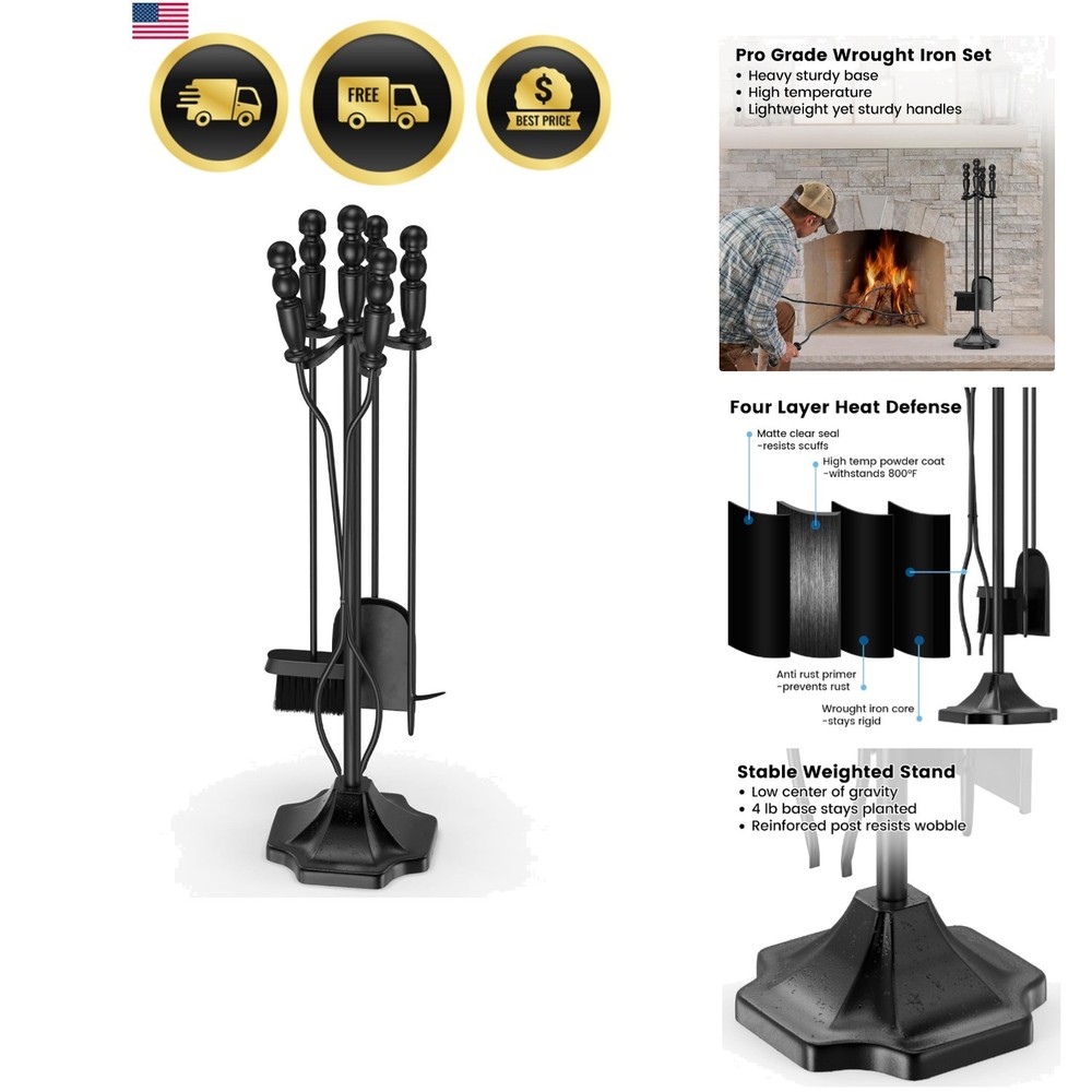 5PC Fireplace Tools Set - Fireplace Accessories Tool Set with Stand - 32" Wro...