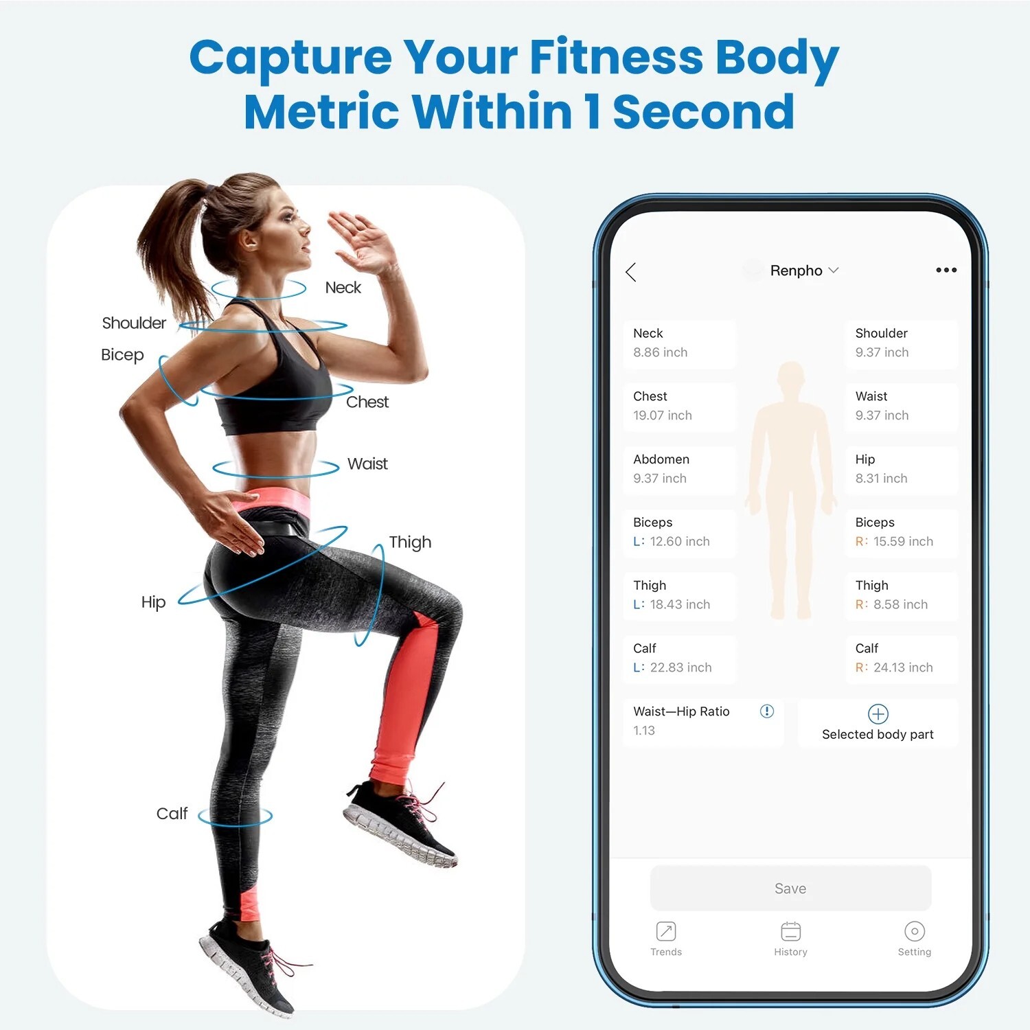 RENPHO Smart Tape Measure Body Measuring Tape for Weight Loss Bluetooth Tape US