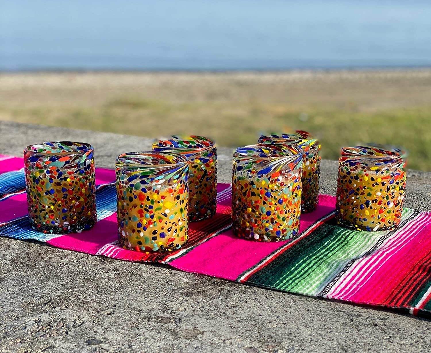 Hand Blown Mexican Drinking Glasses – Set of 6 Confetti Rock Tumbler Glasses...