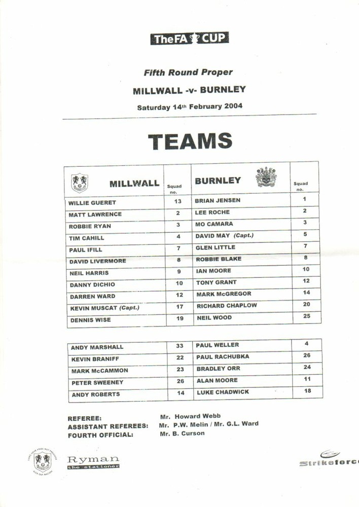 Team Sheet - Millwall v Burnley FAC 14.2.2004