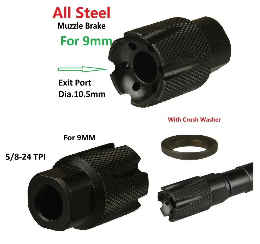 All Steel Low Concussion 5/8x24 Thread Muzzle Brake Compensator For 9mm