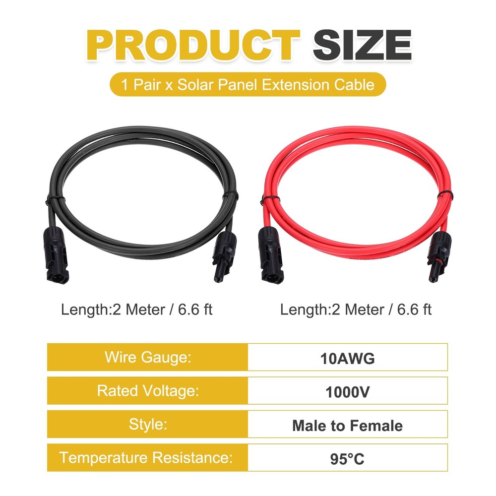 1 Pair Solar Panel Extension Cable, 10AWG 1000V, Black&Red 6.6ft