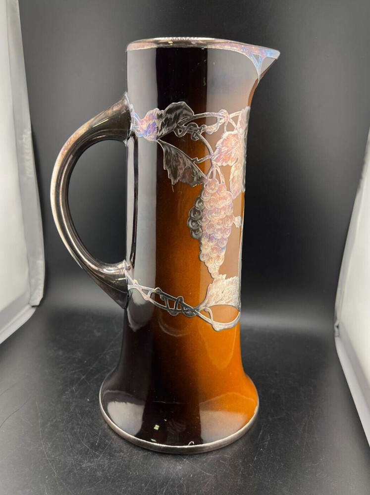 ANTIQUE LENOX MONOGRAM SILVER OVERLAY GRAPE LEAF PITCHER