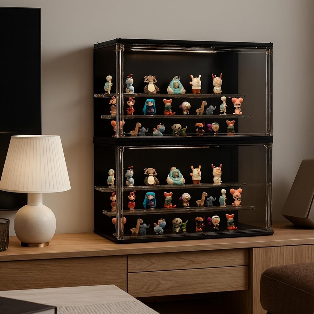 Clear Display Case for Collectibles, 3-Tier Stackable LED Figure Display Case...