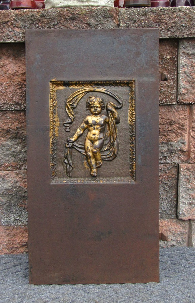 Antique Victorian Cherub Cast Iron Fireplace Insert Fireback w Gate Marks