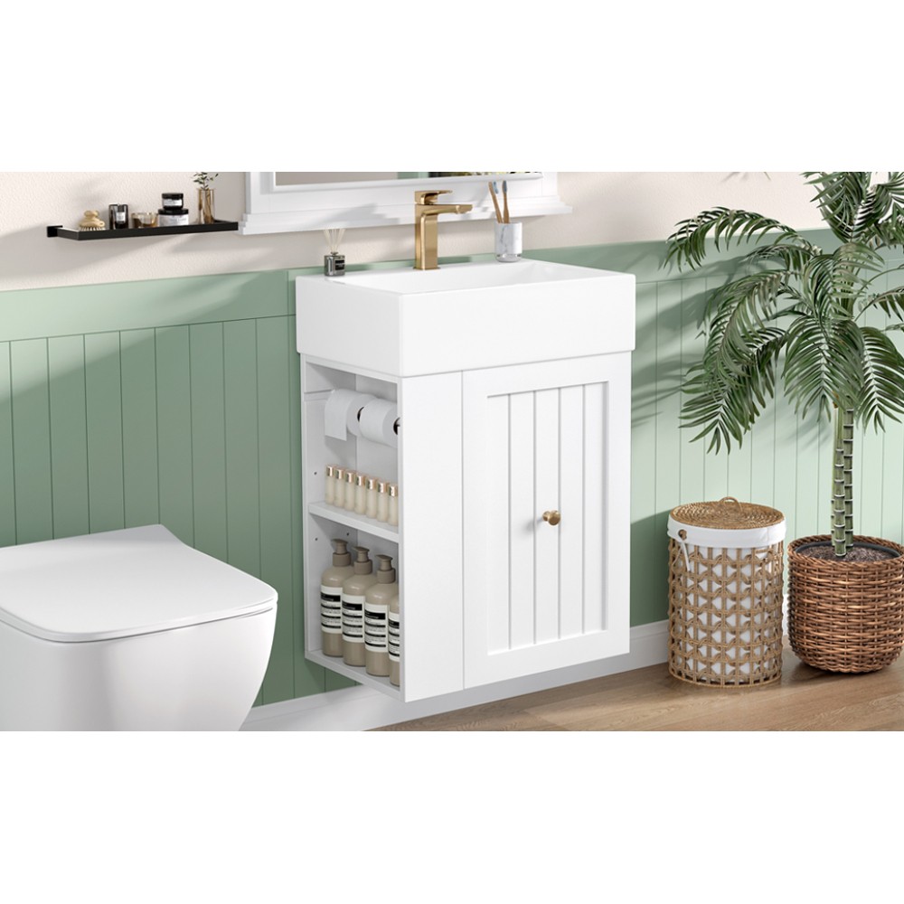Bathroom Vanity with Ceramic Sink Includes Drawers and Side Shelves