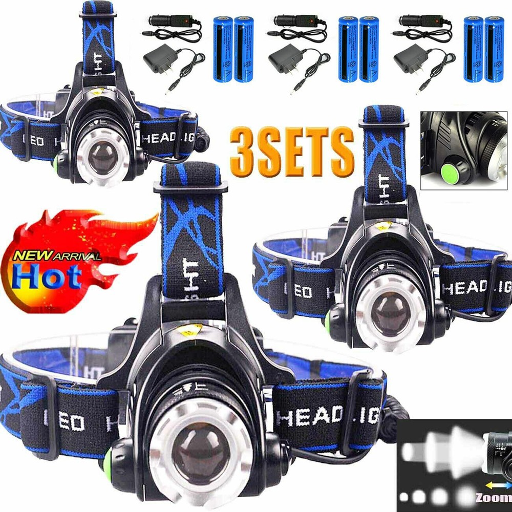 3Pack Rechargeable Headlight Zoomable Head Torch Lamp Flashlight LED Headlamp