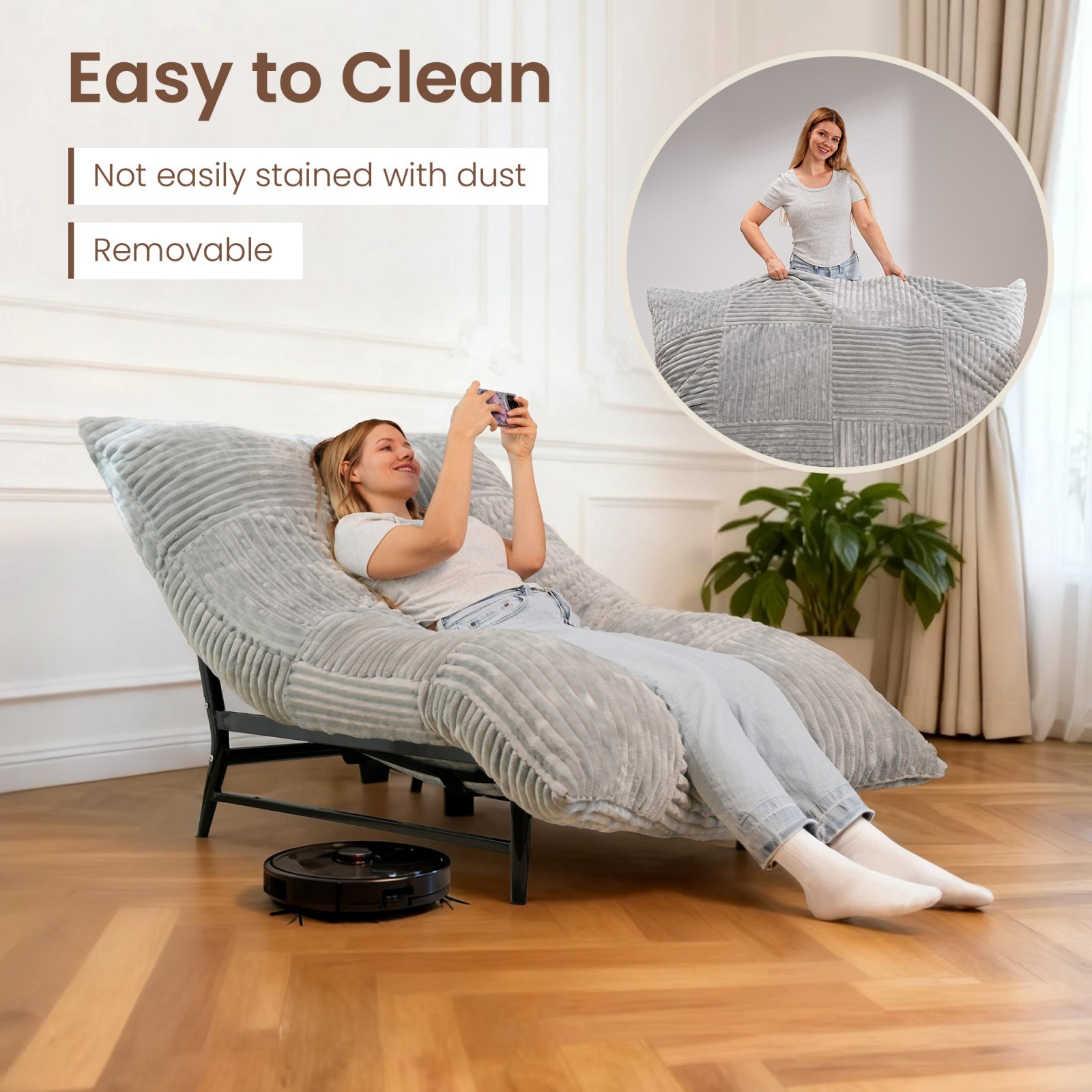 Bean Bag Chair Giant Lounge Chair with Metal Base for Living Room Lazy Sofa Bed