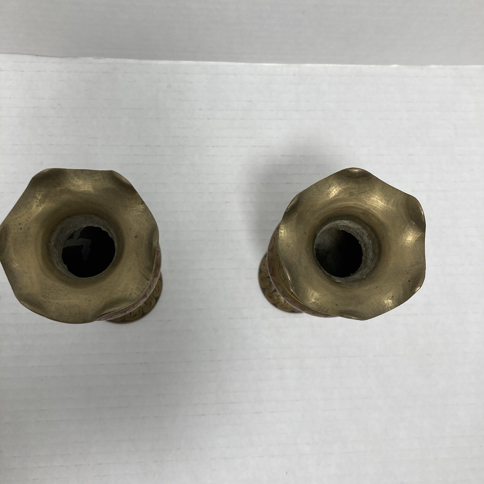 VTG Brass Etched Enameled Vases British India Scalloped Edge 6 In Art Deco MCM