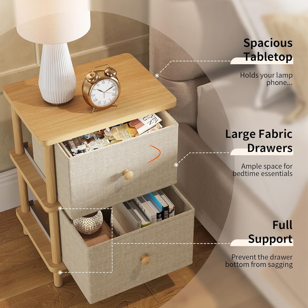 Nightstand W/ 2 Storage Drawers Boho Side Table W/ Solid Wood Legs End Table