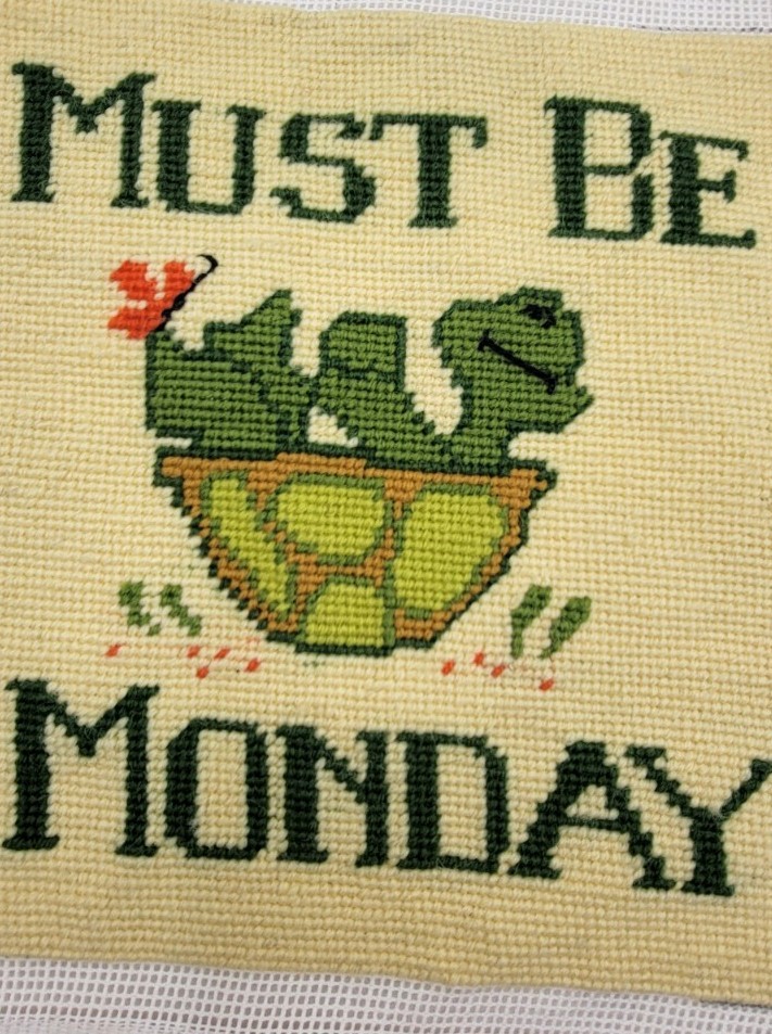 Vtg Needlepoint Turtle Monday Completed Unframed Groovy H91