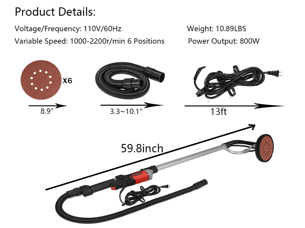 Drywall Sander 800W Electric Wall Sander 6 Variable Speed with 6 Sanding Discs