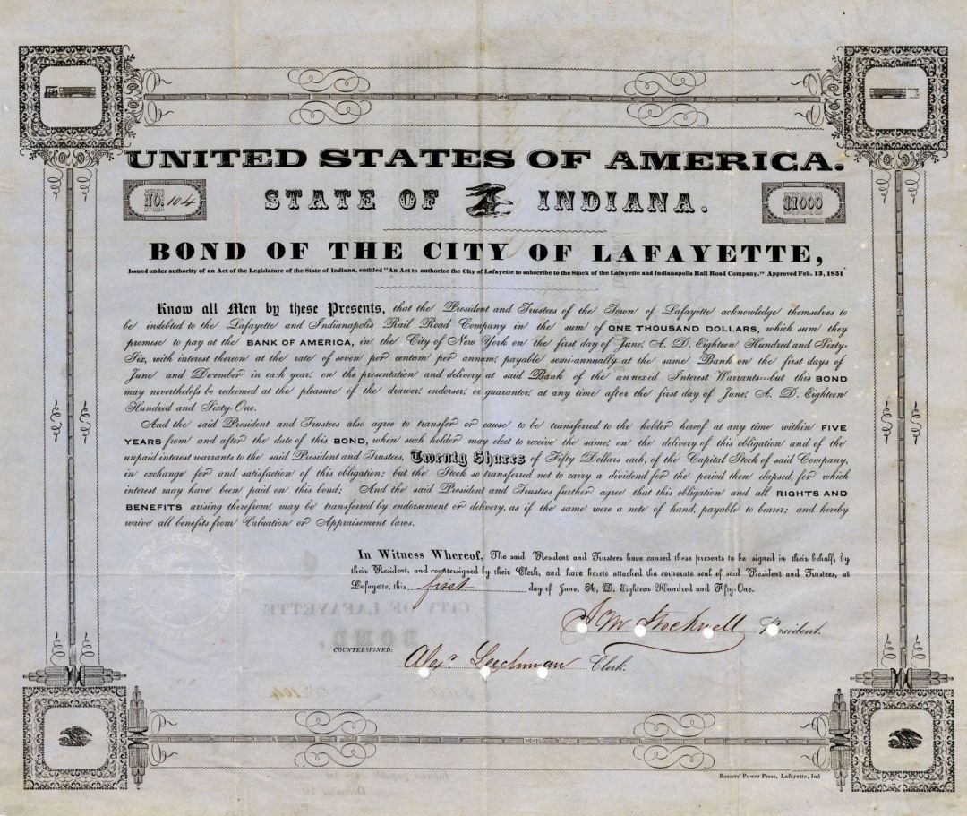State of Indiana - Lafayette and Indianapolis Rail Road Co. - $1,000 Bond - Ra