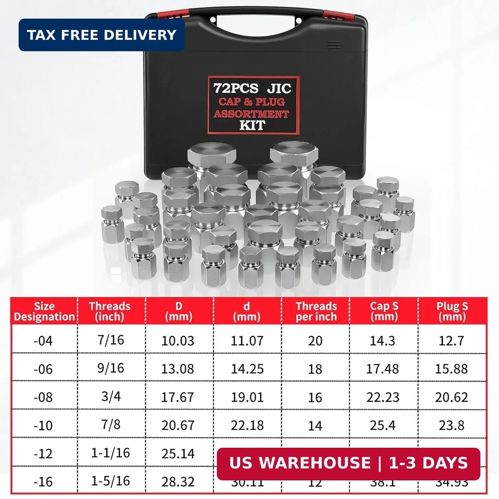 72PCS JIC Cap and Plug Set, 37 Degree Flare Thread Cap & Plug Assortment Set, Ca