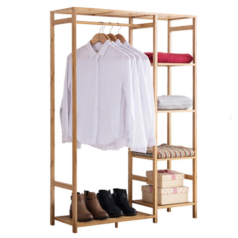 Bamboo Garment Rack Freestanding Closet Heavy Duty Clothes Rod Storage Organizer