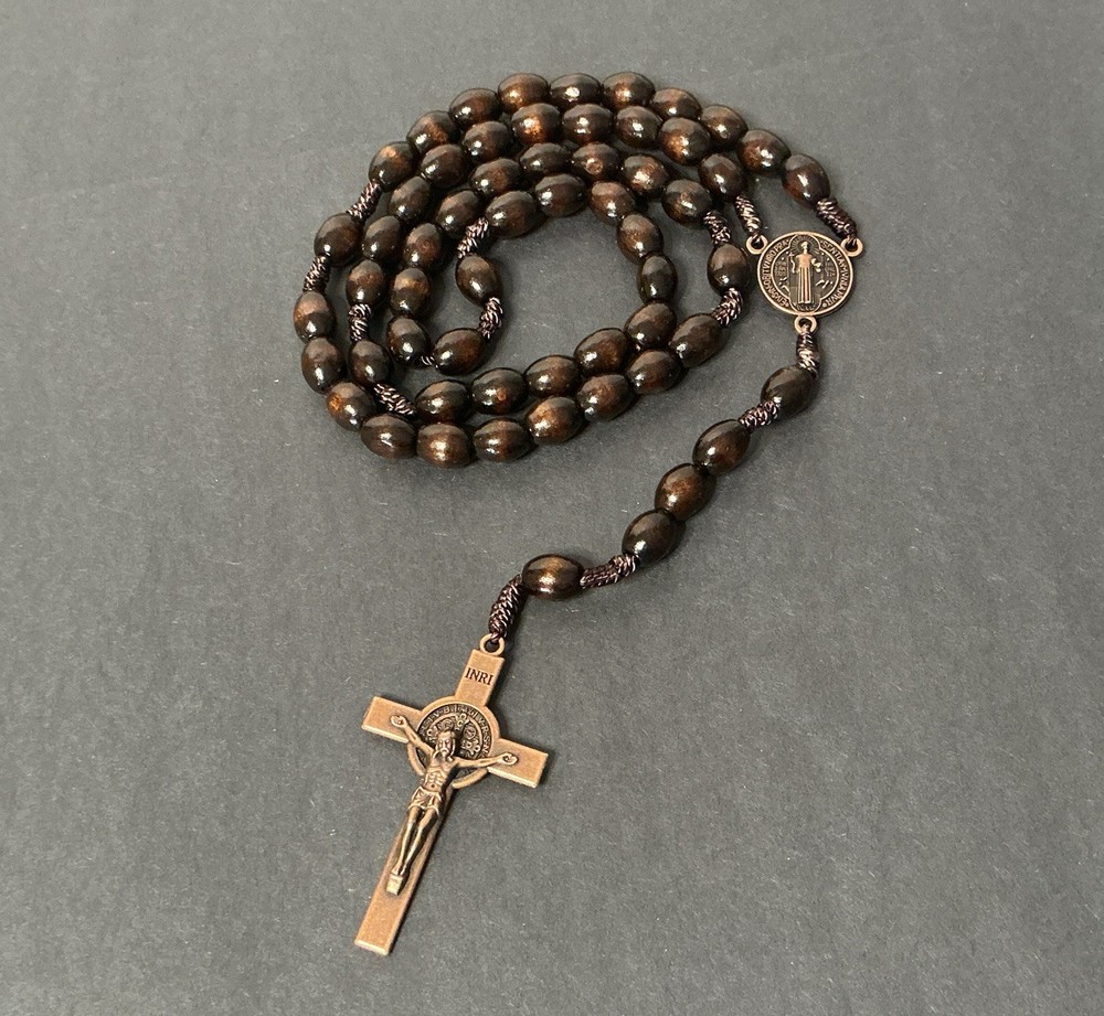 NEW Saint Benedict Cross Wooden Rosary: Wood Prayer Beads w/ Crucifix & St Medal
