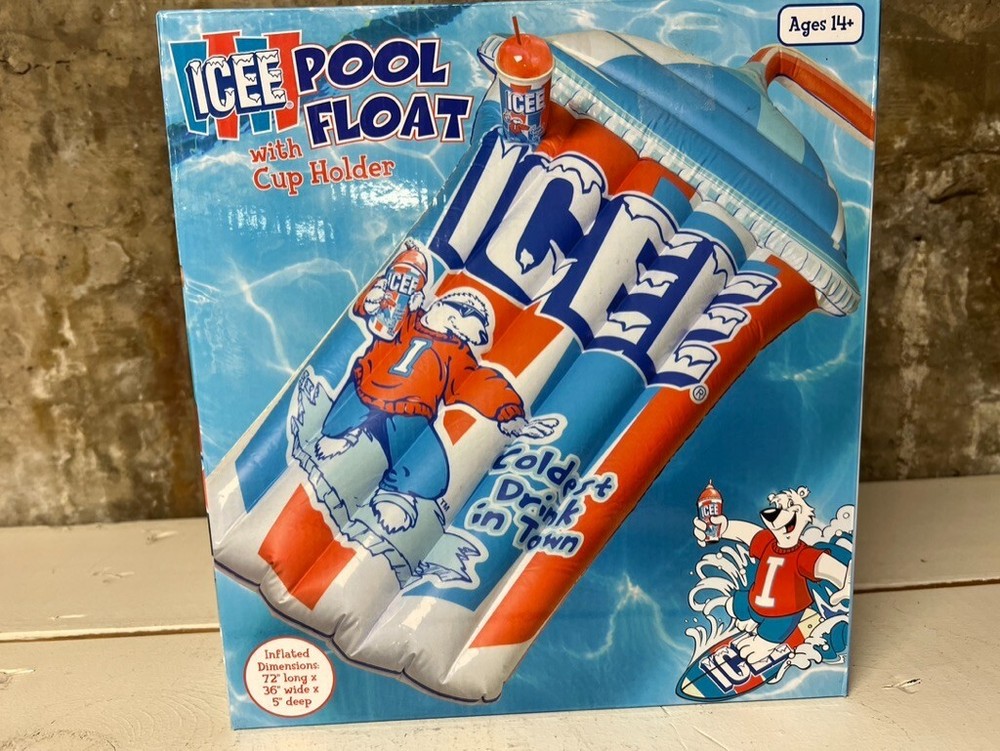 NEW ICEE POOL FLOAT Inflatable 72"x36" with Cup Holder Bear Logo