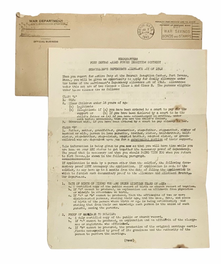 War Dept WWII Servicemen’s Dependents allowance Act Of 1942 Fort Devens