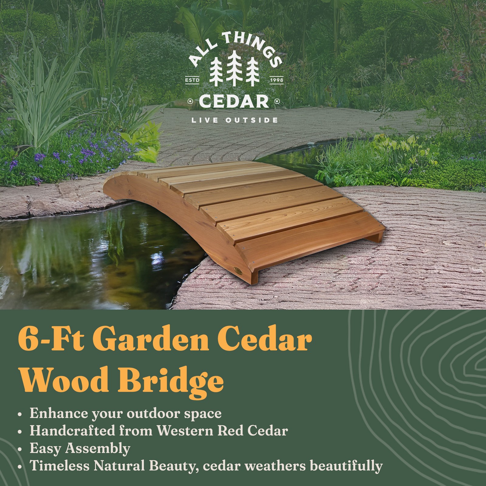 All Things Cedar Wooden Bridge, Outdoor Garden Walkway, 6 Feet, Natural Finish