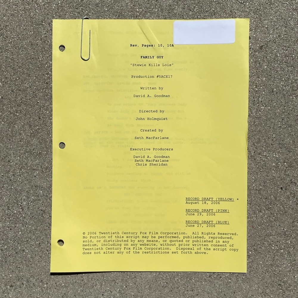 Family Guy 100th Episode SET Stewie Kills Lois Scripts + Casting Dept Notes