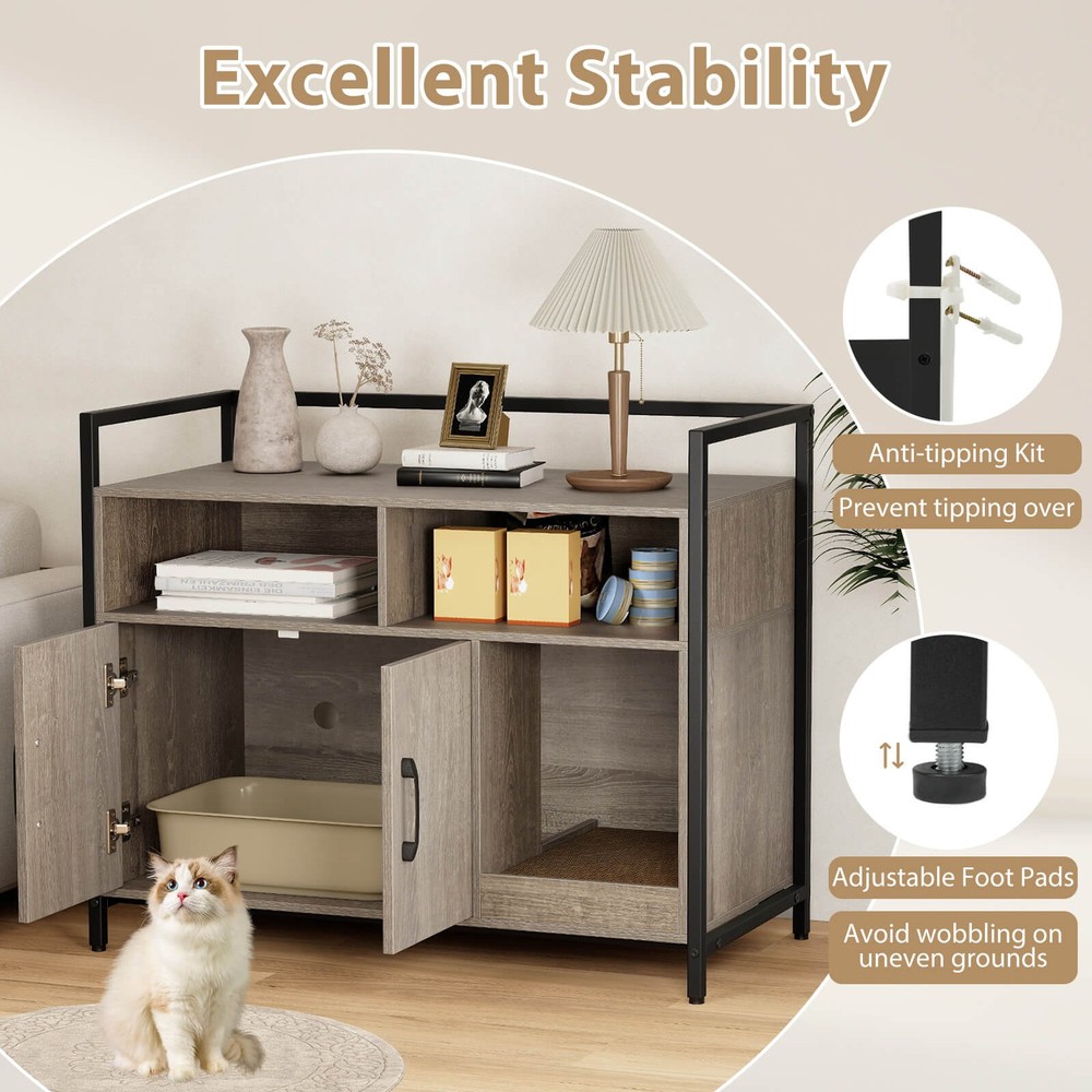 Cat Litter Box Enclosure w/ Storage Compartments Removable Scratching Board