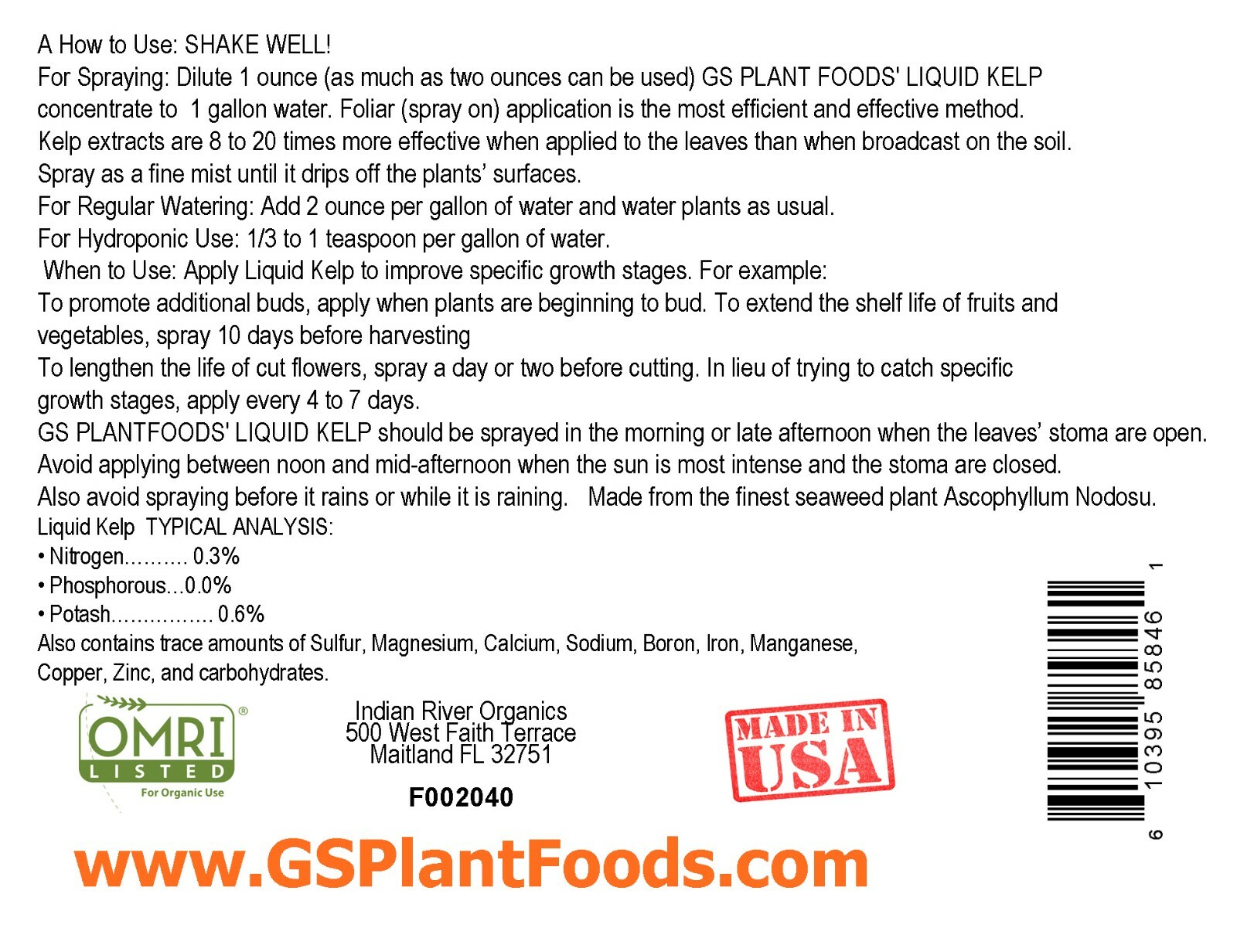 Liquid Kelp Organic Seaweed Fertilizer, 1 Gallon of concentrate