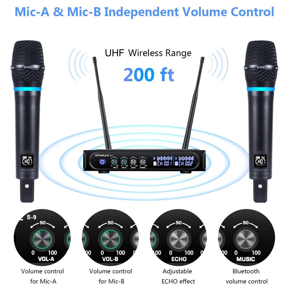 S9 UHF Rechargeable Wireless Microphone System Karaoke Microphone Wireless Mi...