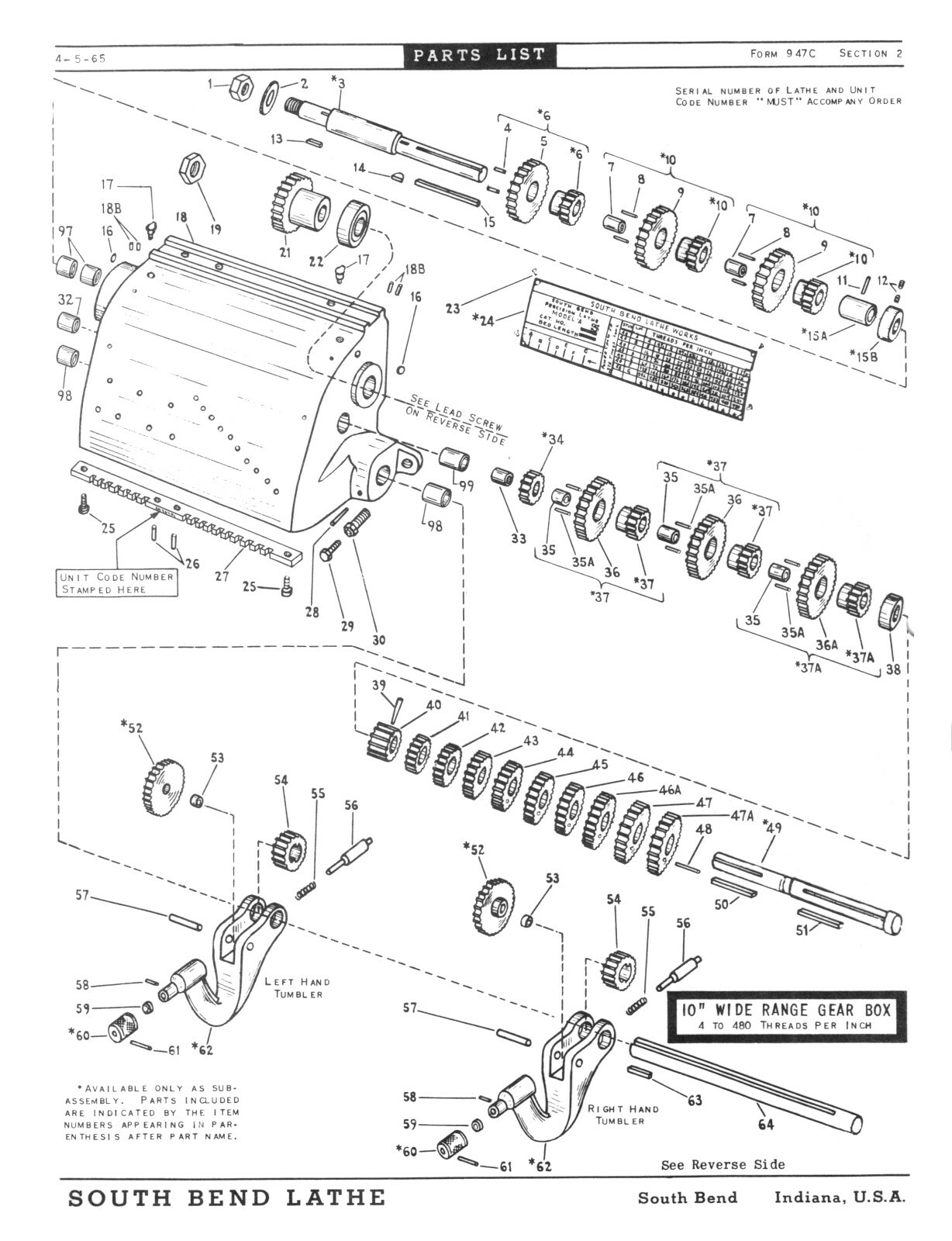 Southbend 10", 13", 14-1/2" 16" & 16-24" Lathe Operation & Parts Manual #1888