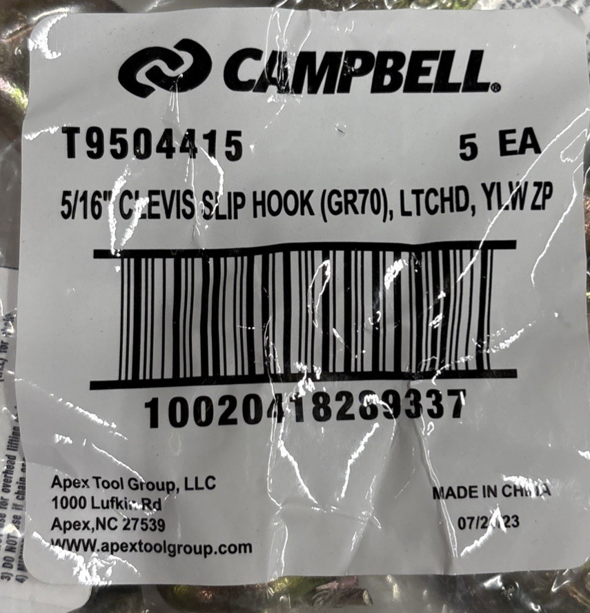 5 Pack Campbell T9504415, 5/16" Clevis Slip Hook W/Latch Grade 70