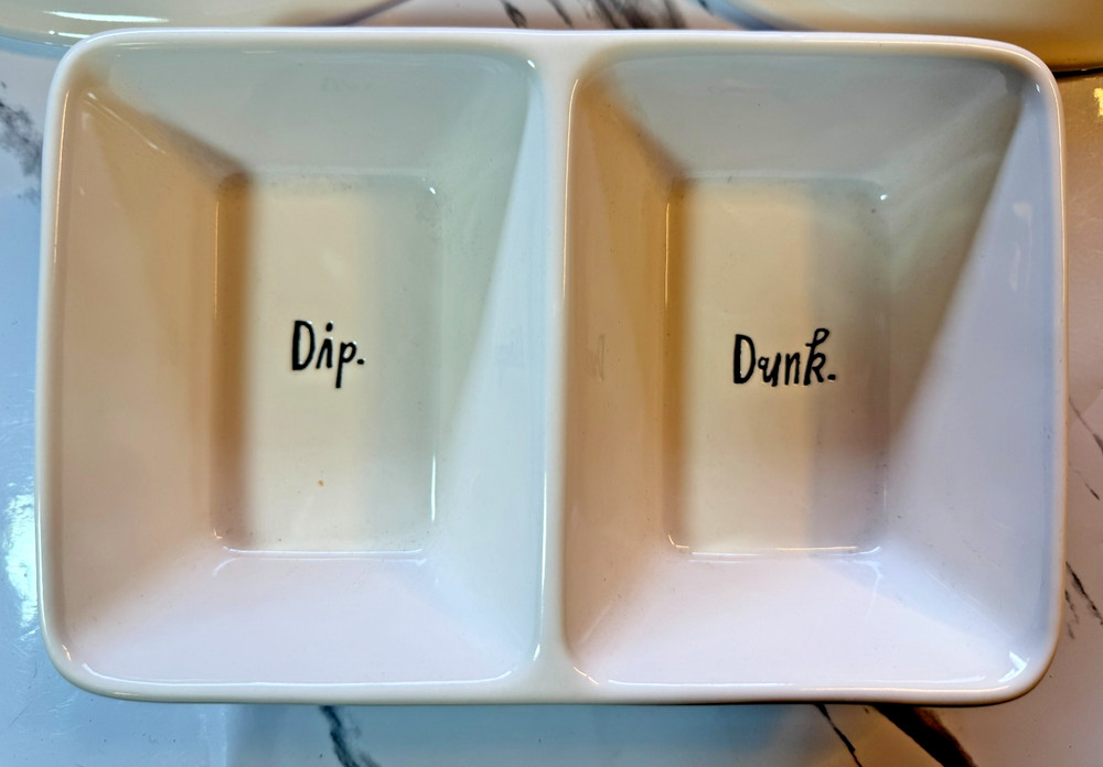 Rae Dunn 3 pc Serving Set. Dip/Dunk dip bowl. Plates: Devour & More Please