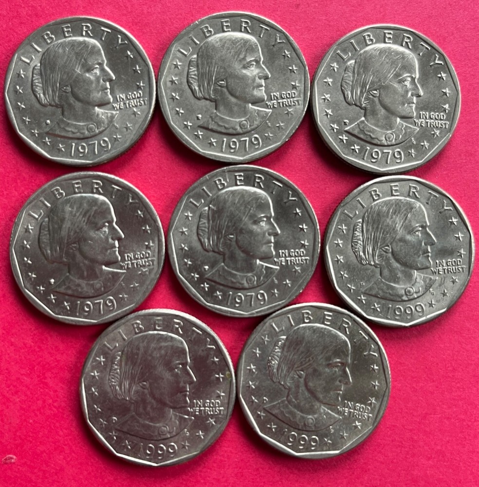 8 Susan B Anthony Dollars **1979 quantity 5** + ** 1999 quantity 3** Circulated