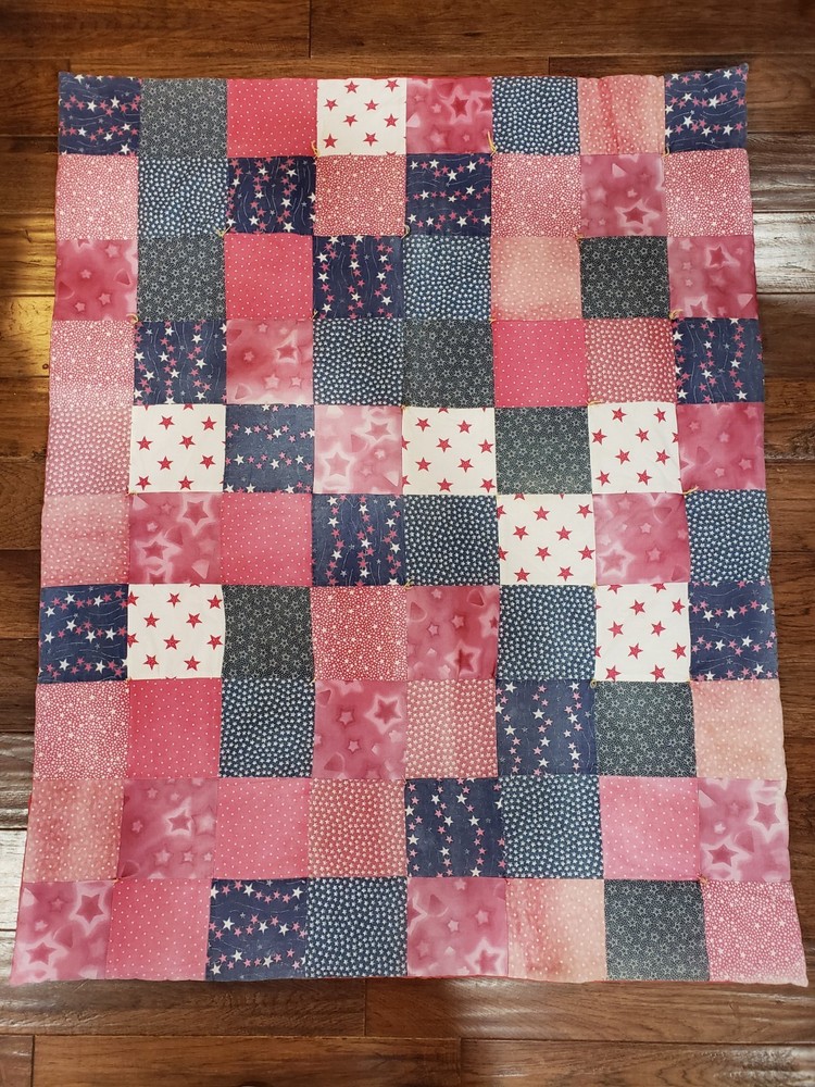 VTG Patchwork Quilt Table Topper Nine Patch Red White Blue Americana Handmade