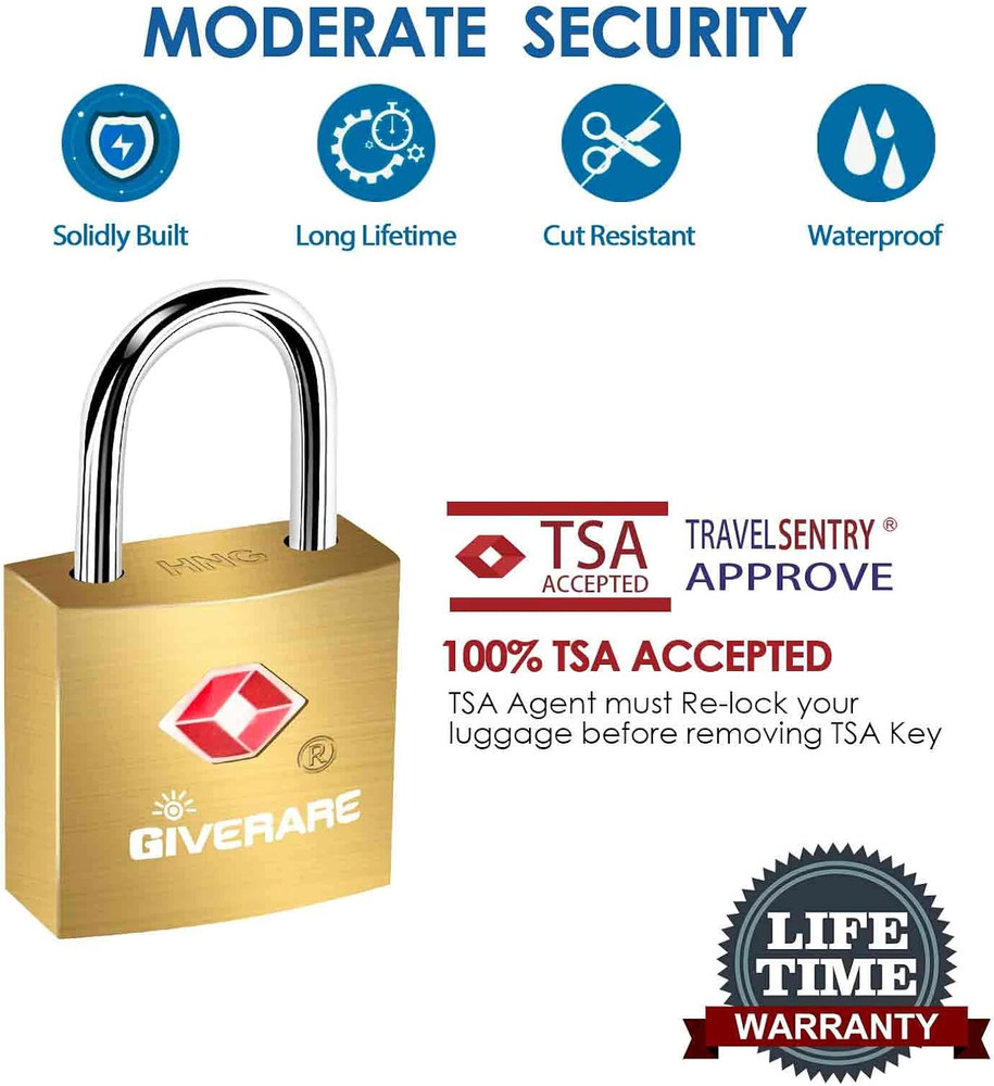 4 Pack TSA Accepted Luggage Locks w/ Keys, Brass Padlocks for Suitcase, Backpack