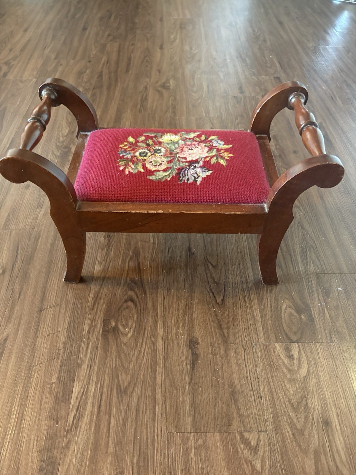 19thC Antique Victorian Footstool Bench Floral Needlepoint Petit Point