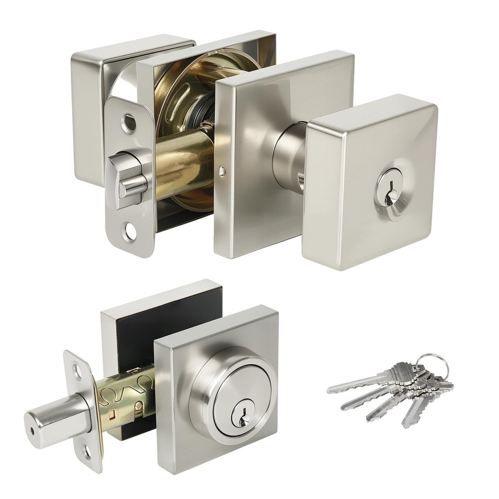 Square Door Knobs Exterior Lock Set with Deadbolt, Single Satin Nickel