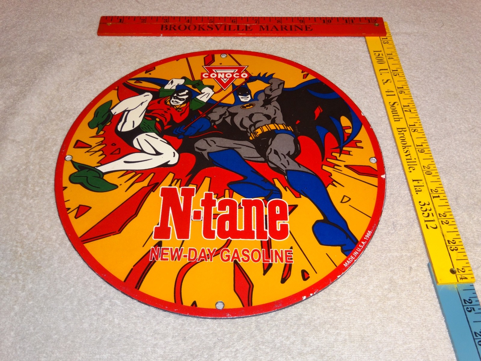 VINTAGE 1966 CONOCO GASOLINE W/ BATMAN & ROBIN 11 3/4" PORCELAIN METAL OIL SIGN!