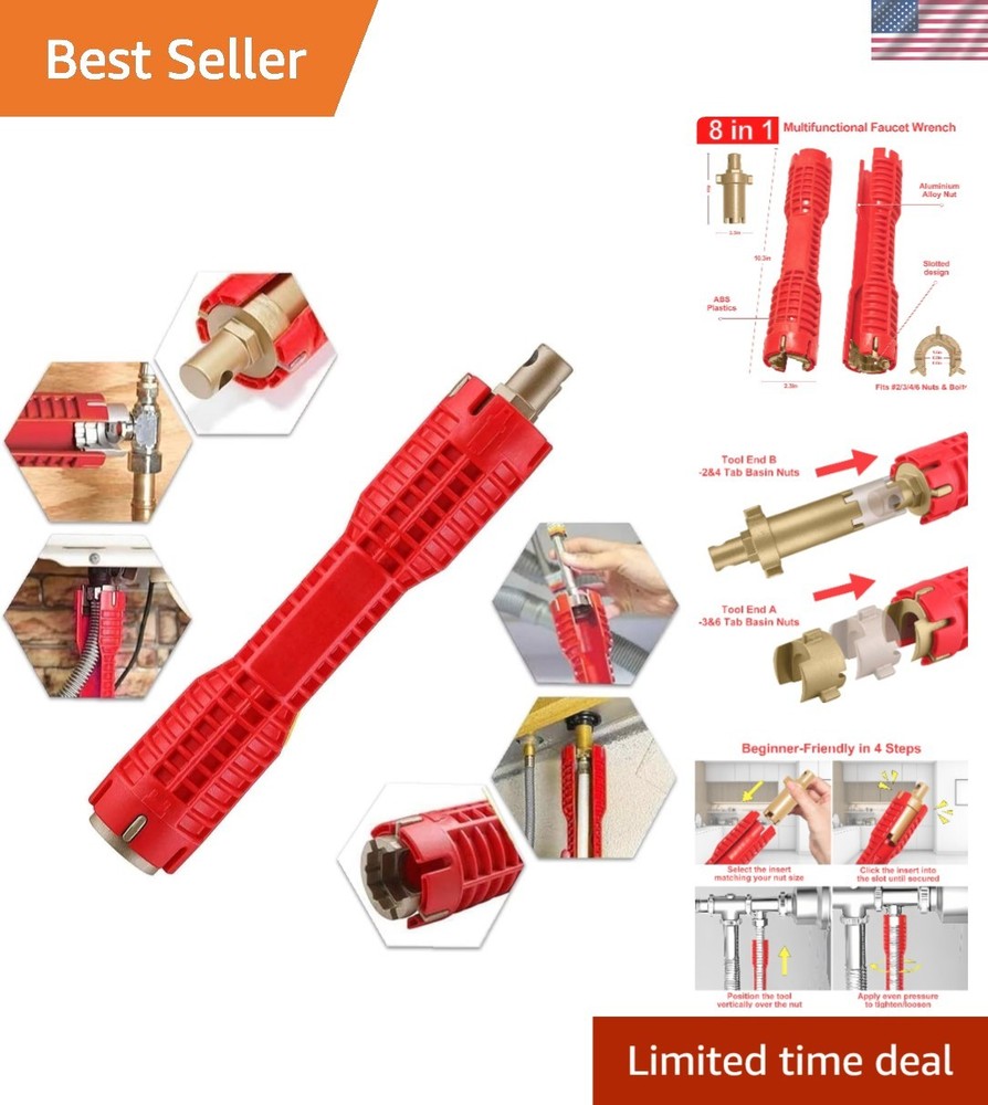 Multi-purpose Wrench Plumber Tool - Red, 8-in-1