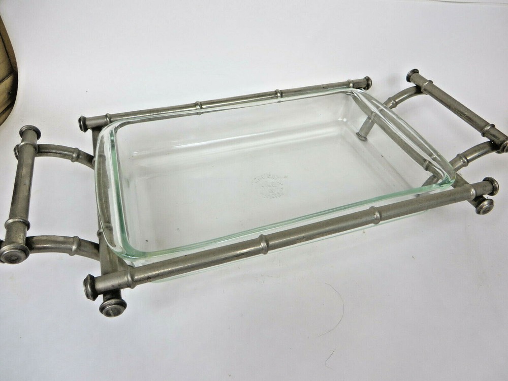 12X8 Rectangle Pyrex Clear Casserole Dish With Bamboo Style Silver Plate Carrier