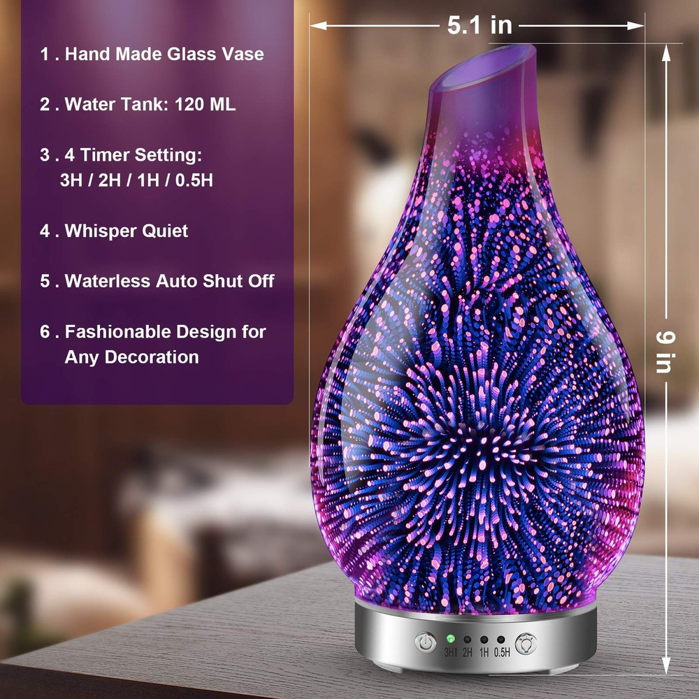 MAXWINER Essential Oil Diffusers Ultrasonic 3D Glass Aromatherapy 3d Firework