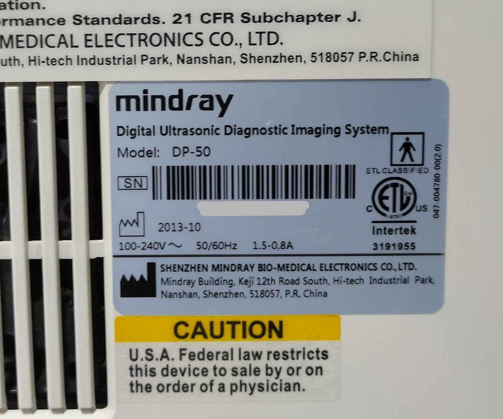 Mindray DP-50 Digital Ultrasound Imaging System w/Ultrasonic Transducer No HDD