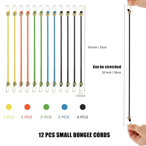 Small Bungee Cords with Hooks 12 Pack, 10" Mini Adjustable Rubber Stretchy