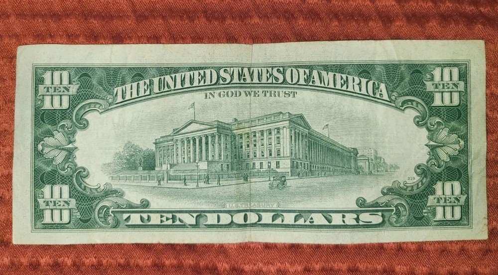 $10 bill 1969c off center Offset with seal misalignment error