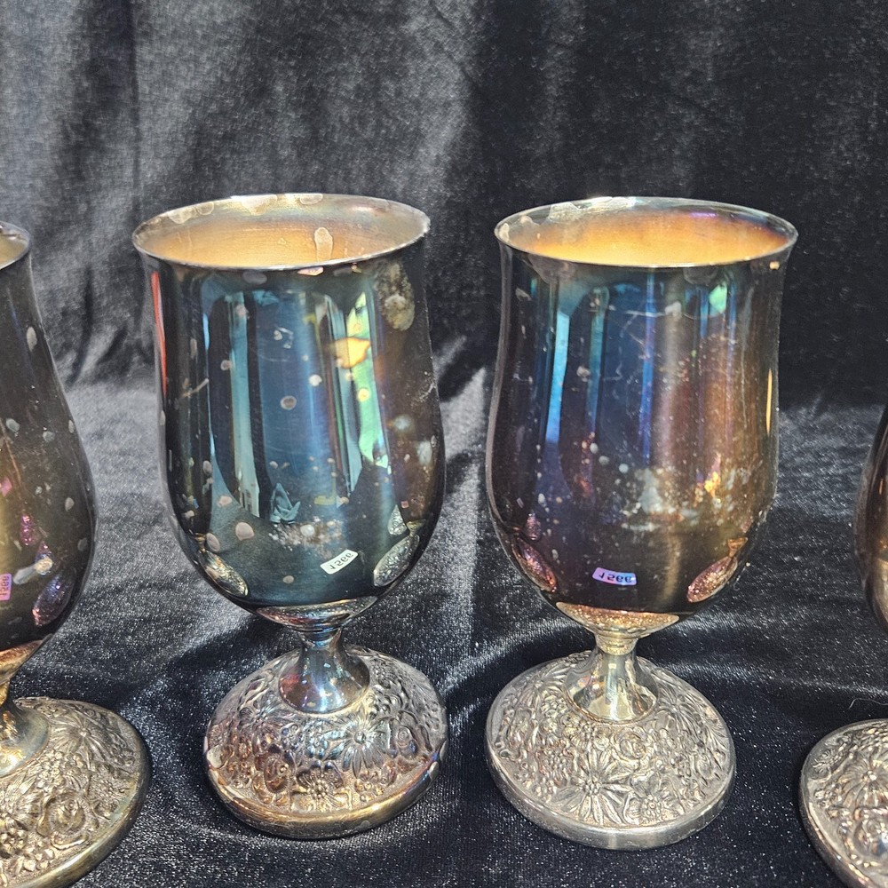 4 Vintage Silverplate Goblets - Engraved Bottoms - 5.75" High