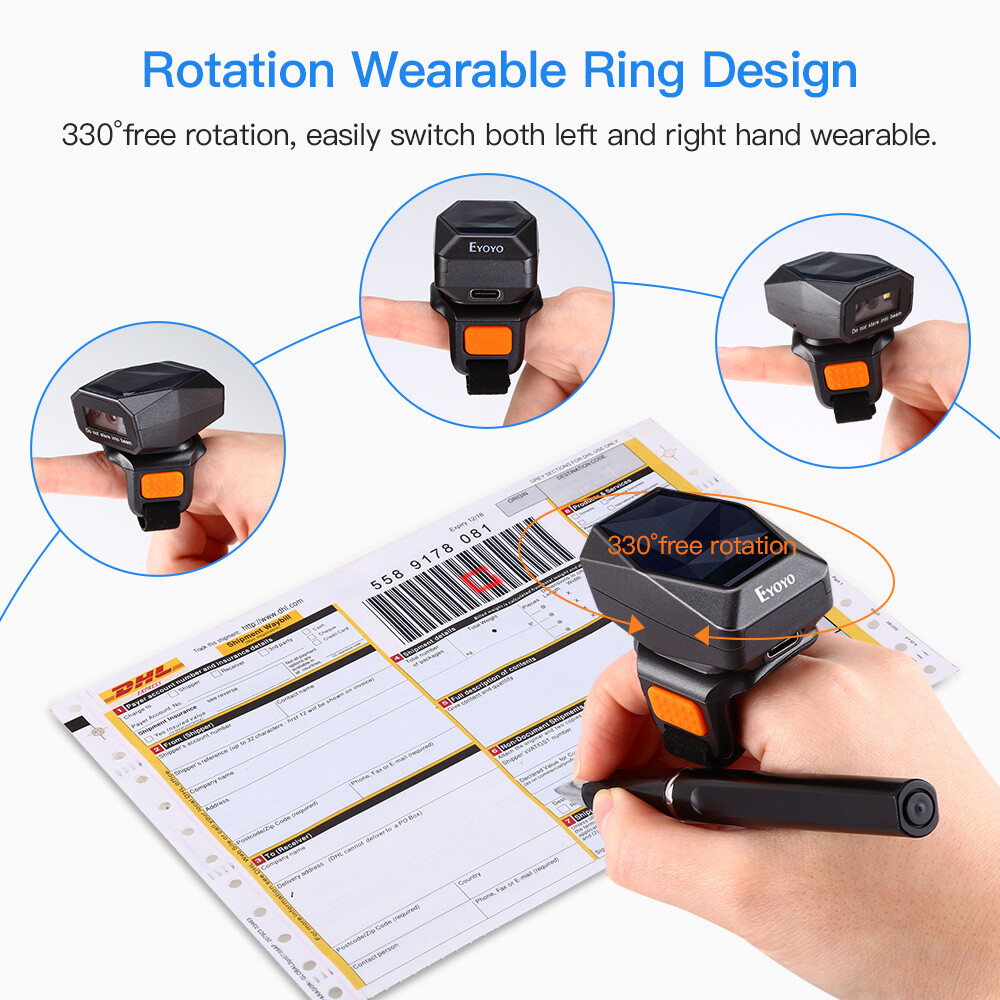 Eyoyo Mini 2D Barcode Scanner Wearable Ring Bluetooth Fnger Reader For iPhone PC