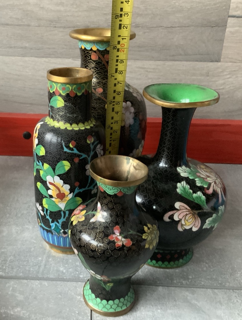 Lot Of 4 CLOISONNE Noir Enamel On Brass Variety Shapes Vases Vintage & Antique