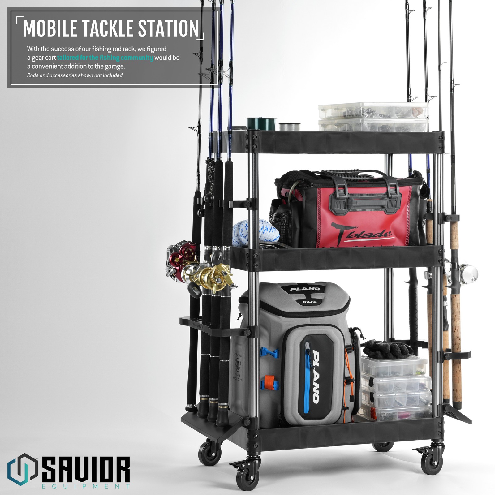 Mobile Tackle Station 16 x Fishing Rod Pole Gear Holder Extra Storage Rack Cart