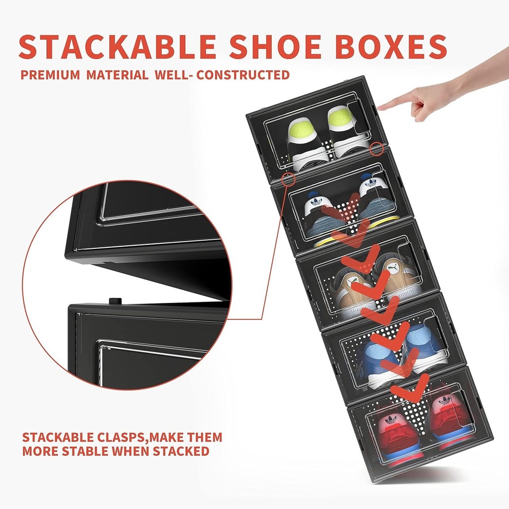 12 Pack Shoe Storage Box Fit Size 11,Clear Plastic Stackable Shoe Case Black