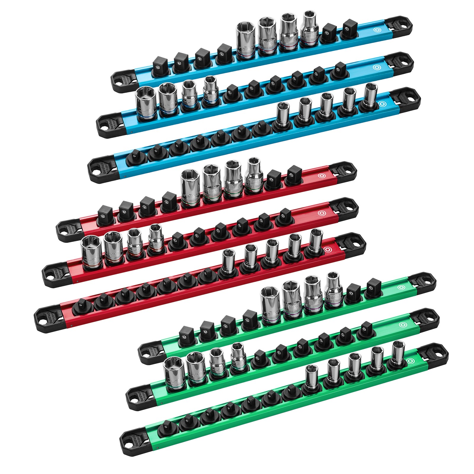 DURATECH 9PCS Magnetic 1/4”, 3/8”, 1/2” Aluminum Alloy Socket Rail with 96 Clips