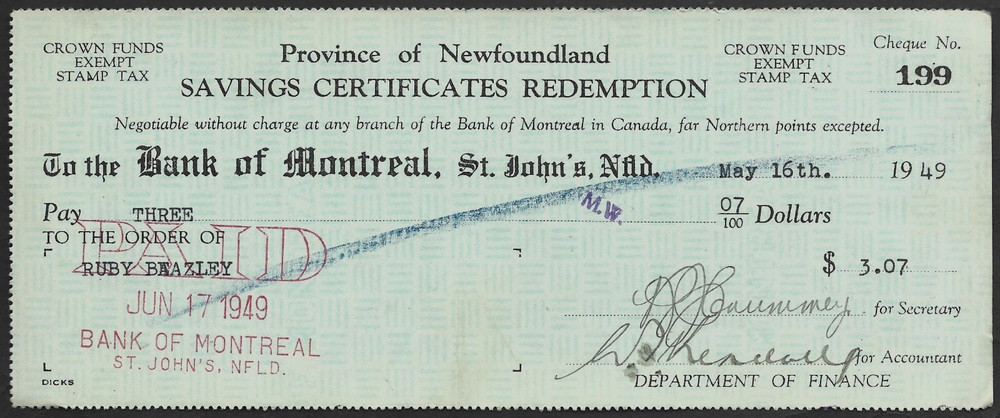 1949 Newfoundland War Savings Certificates Redemption Cheque BoM Ruby Beazley